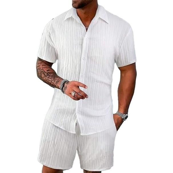 Homme 2 Pièces dété à Manches Courtes Homme Activewear Polo Chemises avec Bouton + Pantacourt pour Fitness Sport Course（Blanc）