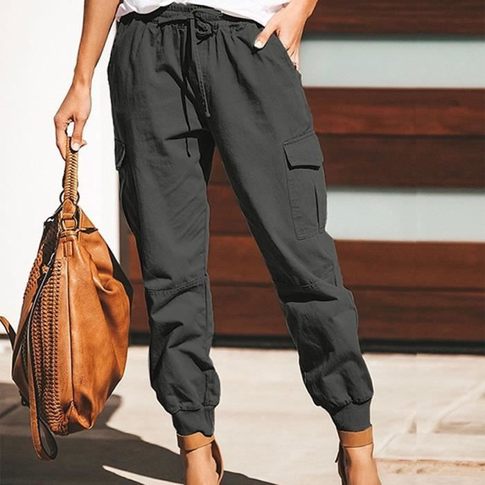 FUNMOON Pantalon Femme Couleur Unie Mode Casual Poche Patte
