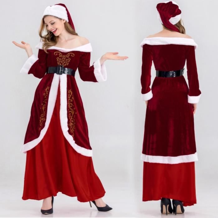 Mere Noel Robe ANNEFLY Col V Patineuse Princesse Manche Longue Ceinture Chapeau Pompon Retro Peluche Luxe Femme Adulte Rouge L