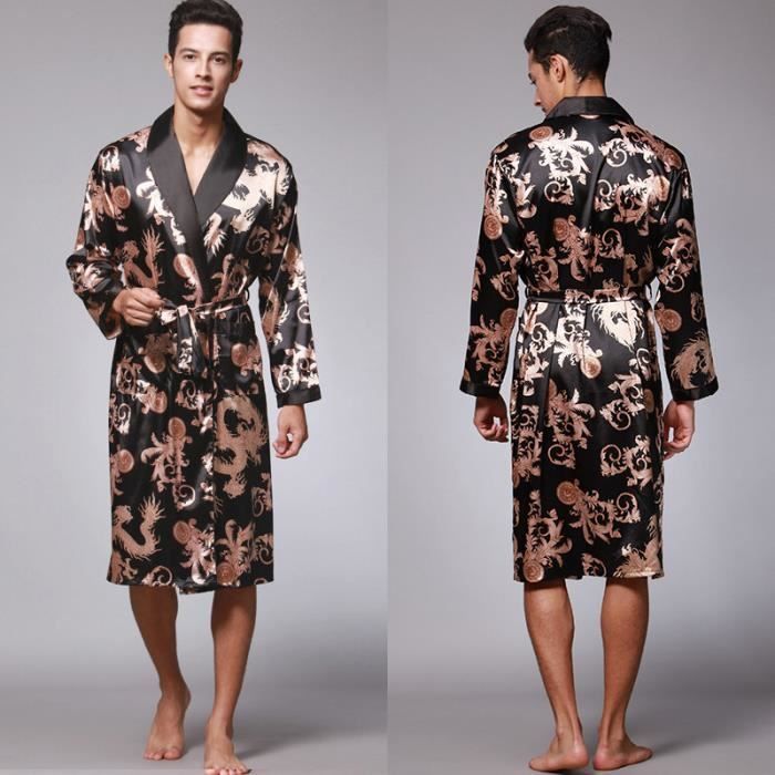 Peignoir pour homme iToobe robe de chambre en soie kimono pyjama avec ceinture et poches veste homewear Noir Noir Cdiscount Pret a Porter