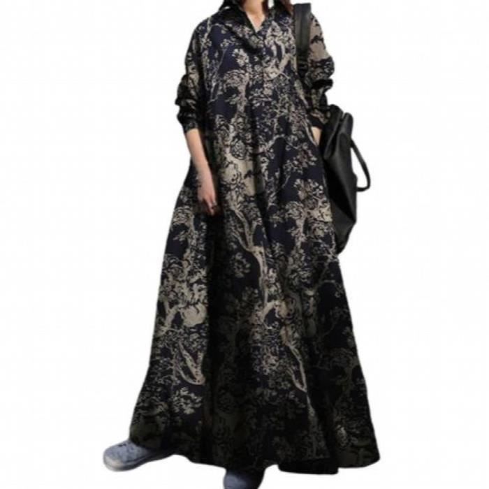 Robe Longue OUGES Printemps/Été - Col V, Manches Courtes, Poches - 94% Polyester, 6% Élasthanne