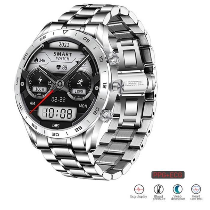 Montre Connectée étanche, Bracelet Acier Inoxydable Gris, Compatible IOS Android, Neuf