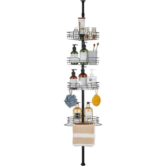 Étagère Douche Angle DUFU Télescopique - 4 Paniers + Crochets - Hauteur Réglable 73-265cm - Métal Noir Sans Perçage