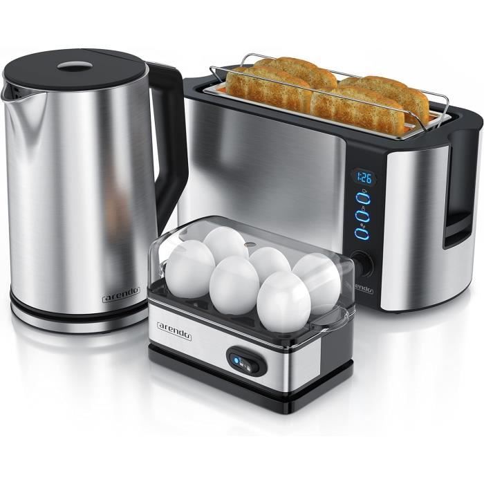 Ensemble Bouilloire + Grille-pain + Cuiseur à œufs Arendo - Bouilloire Inox 1,5L, Toaster 4 Tranches, Cuiseur 6 œufs - Design Moderne