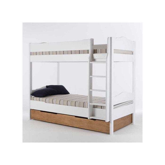 lit superposé - tousmesmeubles - bois massif blanc - 90 x 190 cm - avec tiroir