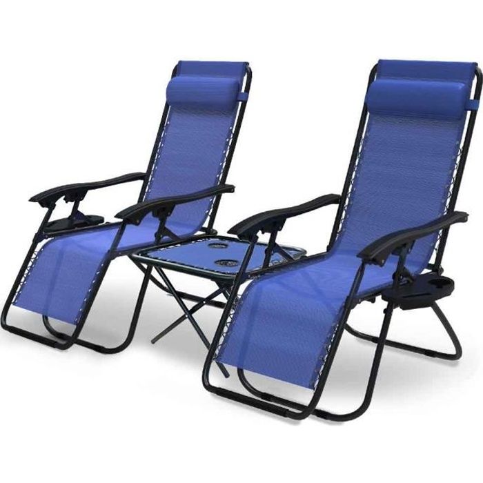 vounot chaise longue inclinable en textilene avec table d'appoint porte gobelet et portable bleu lot de 2