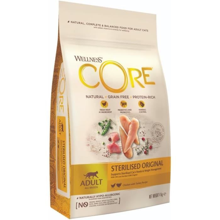 Meilleurs prix pour Croquettes pour Chat Stérilisé - WELLNESS CORE - Original - 4 kg - Sans Céréales - Riche en Fibres