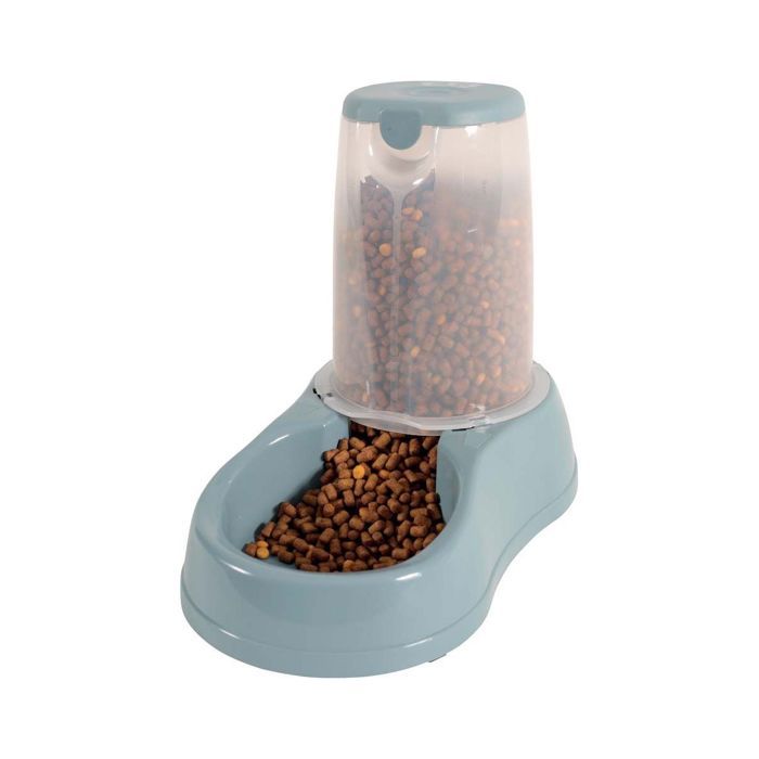Distributeur de croquettes - Antidérapant - Bleu acier - 1.5 L - Pour chien et chat - Plastique