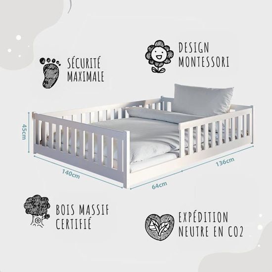Lit De Sol Montessori Pour Enfant 190x120 Cm - Cadre En Bois De Tremble Avec Garde-corps Sécurisé