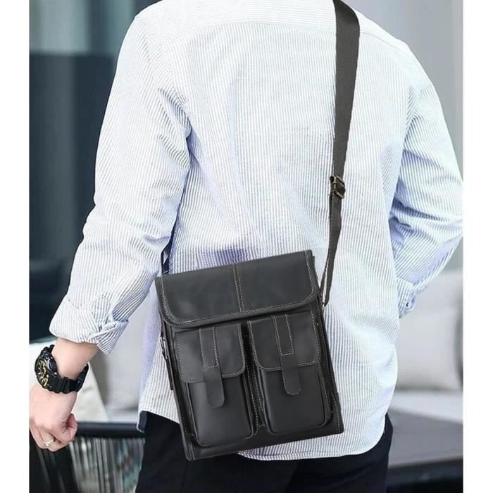 Sac Bandoulière Homme MANNUOSI - Cartable Retro En Cuir Marron Foncé