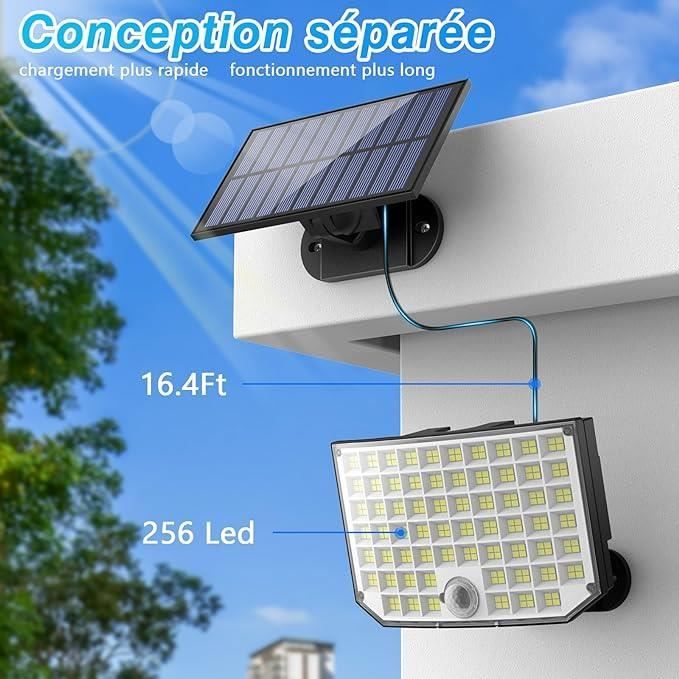 Lampe Solaire Extérieur [256 LED], Lumiere Solaire Exterieur avec Détecteur  de Mouvement,3 Modes Spot Solaire Exterieur,Câble de 5M