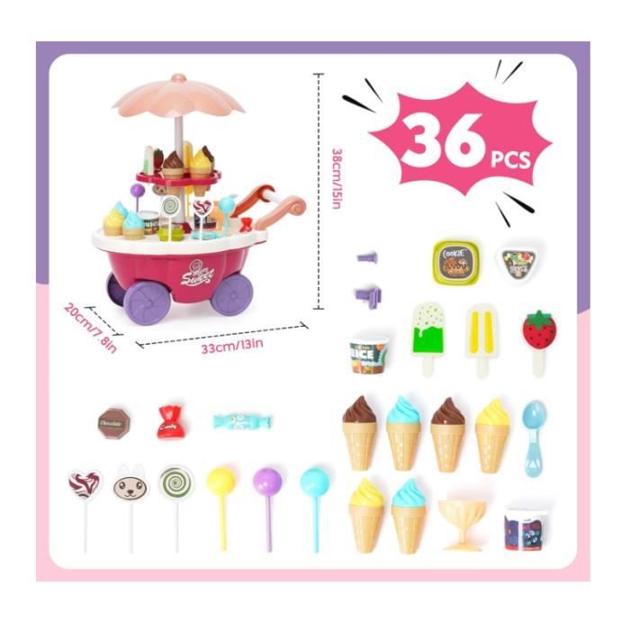 Jouet à Crème Glacée, Jouet Glacier Ensemble, Crème Glacée Ensemble de Jeu, Chariot à Bonbons avec sucettes au Chocolat, Jeu d'imitation 3 Ans pour Enfants, Jeux de Rôles, Cadeau pour Fille