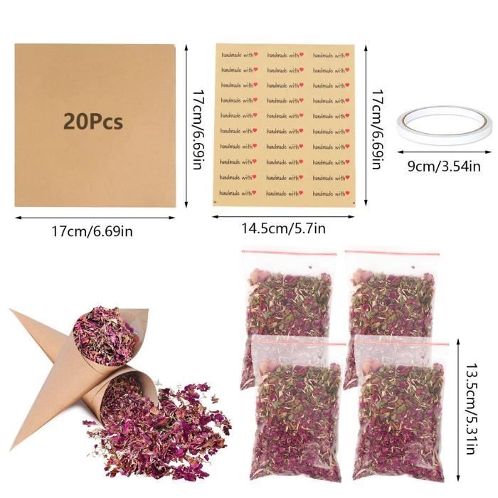 22 Cônes Confettis Mariage Biodégradables - Pétales Roses + Chrysanthèmes + Lavande - 32 Cônes Kraft + Ruban Double Face