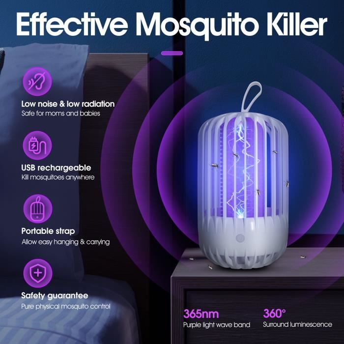 Lampe Anti Moustique, 2 en 1 Électrique Anti Moustique, 360 ° UV Tueur d'Insectes  Électrique Lampe Anti Moustique Rechargeable