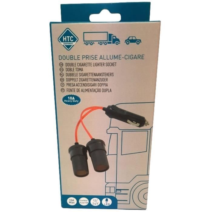 Double prise allume cigare 12V/24V-HTC EQUIPEMENTS-Haute puissance 10A.Avec  cordon rouge 20cm,fusible et LED de fonctionnement rouge - Cdiscount Auto