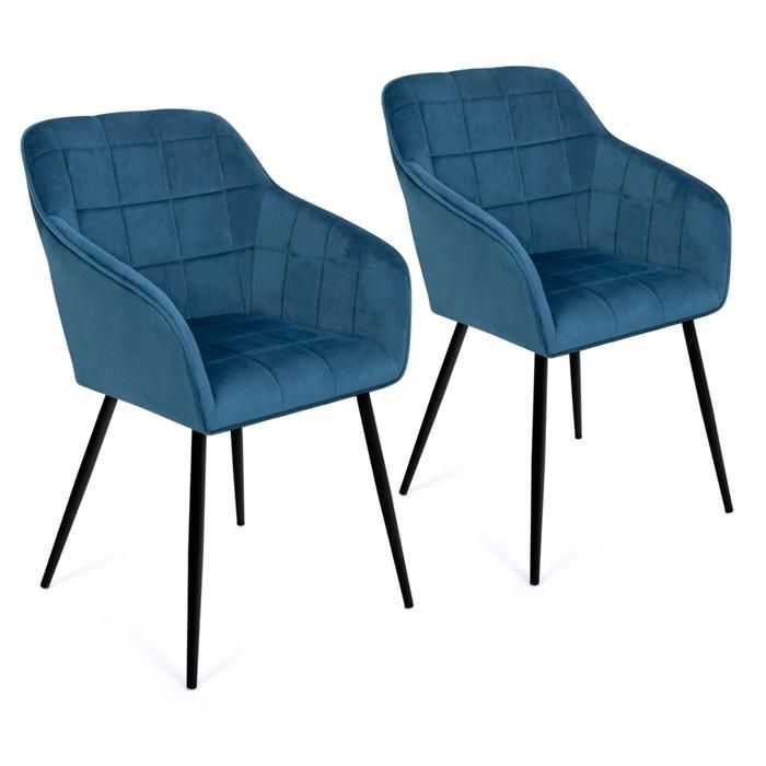 Lot De 4 Chaises Salle à Manger Napier Velours Bleu – Assise Matelassée Confortable, Pieds Métal Noir, Charge 150 Kg, Design Moderne