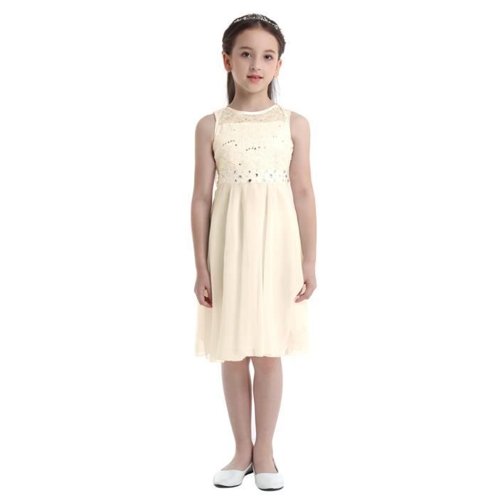Inlzdz Enfant Fille Robe Mariage Demoiselle D honneur Dentelle Paillette sans Manches 2 14 Ans Beige Beige Cdiscount Pret a Porter
