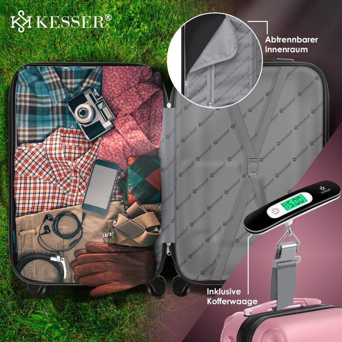 Set De 3 Valises Coque Dure KESSER - M, L, XL - Roulettes 360° - Serrure Code - Inclut Pèse-Valise Et Étiquette
