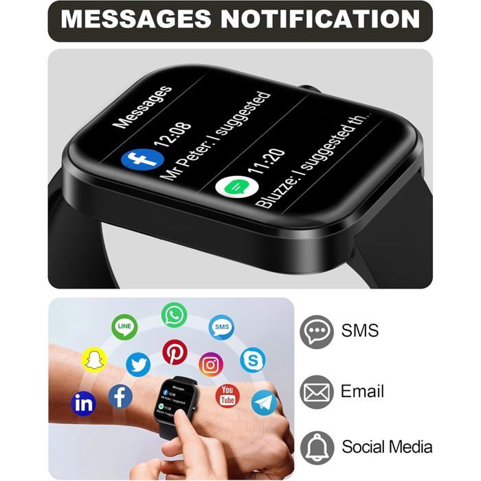 Smartwatch Connectée 1.91" HD - Appels Bluetooth, 150+ Sports, Suivi Santé 24/7 - Étanche IP68 - Compatible Android/iOS - Noir - 8