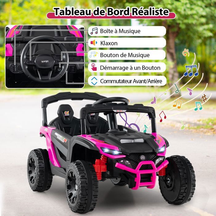 DREAMADE Voiture électrique Enfant 12V – 2 Places – 30 Kg – Télécommande – LED – Klaxon – Tout-terrain – Dès 3 Ans – Blanc