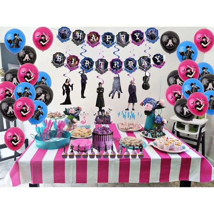 Décorations de fête d'anniversaire du mercredi Addams, accessoires  d'aménagement du lieu, fournitures de fête de la famille Addams, comprend  des ballons, une bannière, des gâteaux