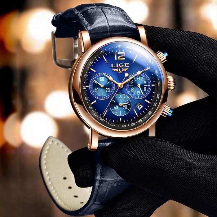 Montre homme bracelet cuir bleu store