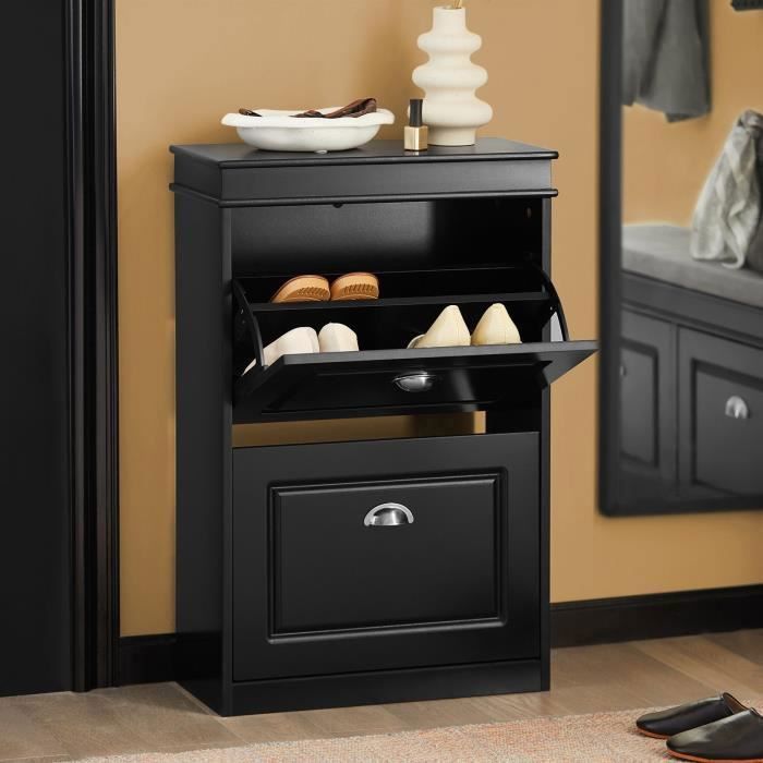 Armoire à Chaussures D'entrée Noire 80x24x110 Cm - Avec 2 Tiroirs Et étagère à Rabat - Meuble De Rangement Moderne Facile à Monter