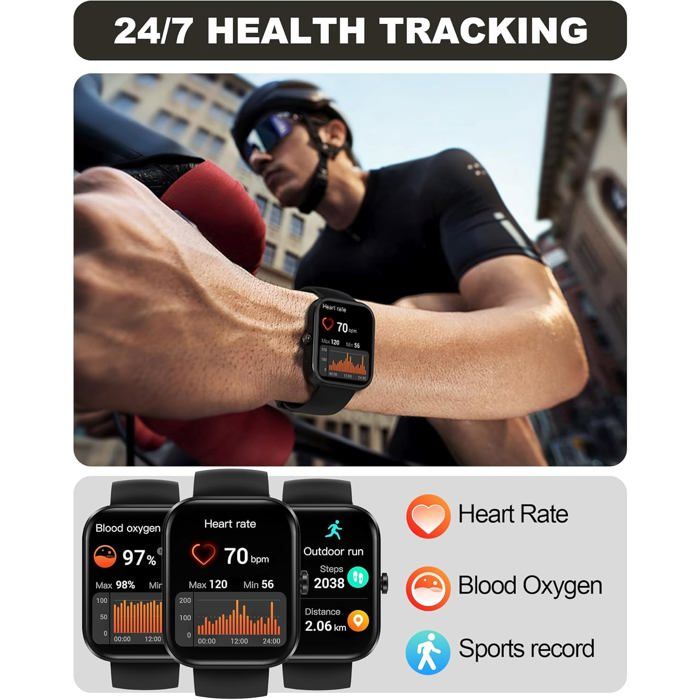 Smartwatch Connectée 1.91" HD - Appels Bluetooth, 150+ Sports, Suivi Santé 24/7 - Étanche IP68 - Compatible Android/iOS - Noir - 1
