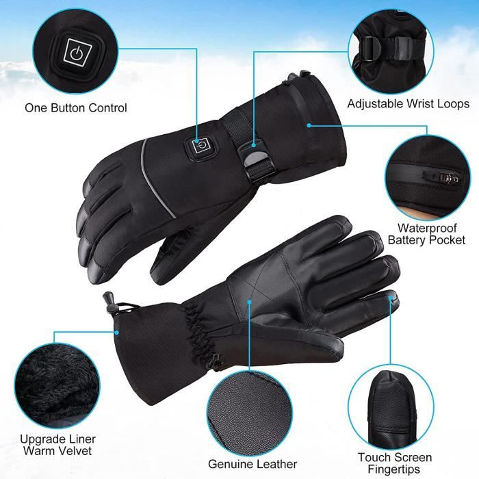 Gants chauffants électriques pour homme et femme, 7,4 V 3000 mAh, batterie  rechargeable, gants de moto, de ski d'hiver avec fonction tactile à 5  doigts (taille M) : : Mode