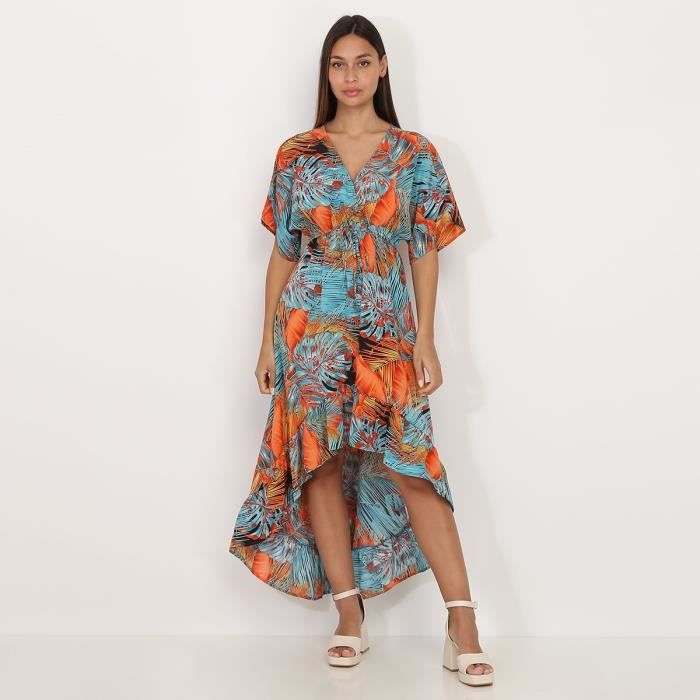 Robe longue asymetrique orange a imprime tropical Orange Cdiscount Pret a Porter