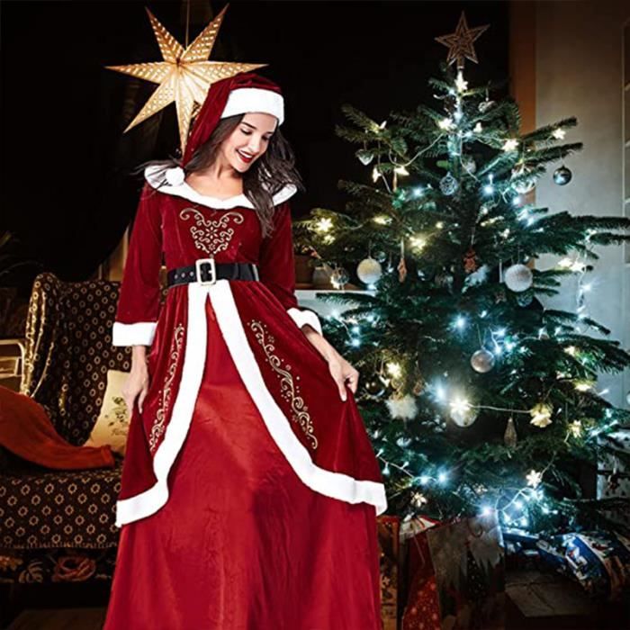 Mere Noel Robe ANNEFLY Col V Patineuse Princesse Manche Longue Ceinture Chapeau Pompon Retro Peluche Luxe Femme Adulte Rouge L