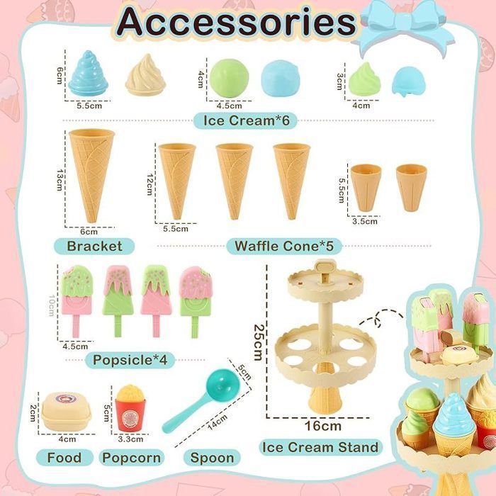Kit De Crème Glacée Et Desserts – Avec Caisse Enregistreuse, Argent Fictif – 16 Pièces – Couleur Pastel – Montessori – Dès 3 Ans