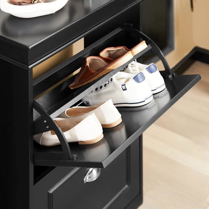 Armoire à Chaussures Noire 80x110 Cm - Avec 2 Tiroirs, Rangement Entrée Facile à Monter
