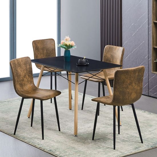 Lot De 4 Chaises De Salle à Manger Style Rétro - Pieds En Bois, Assise Grise - Neuf