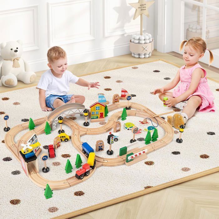 Train en Bois Jouet Circuit Voiture Enfant 82 Pcs Maquette Construction Train en Bois Jouet Circuit Voiture Enfant 82 Pcs Maquette Construction