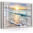 WALLARENA Tableau Décoration Murale Fenêtre Mer Plage 100x75 cm Impression sur Toile intissee pour Salon Chambre Couloir pret a accrocher