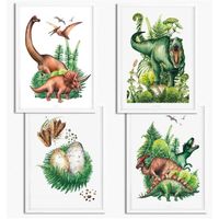Lot de 4 posters pour chambre d'enfant-Décoration pour fille et garçon-Dinosaure T-Rex Brachiosaurus Triceratops-16"x24"-Sans cadre