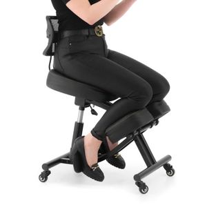 IDIMEX Tabouret ergonomique MALO siège ajustable repose genoux posture  droite sans dossier avec roulettes, en bois noir et tissu gris pas cher 