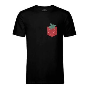 T-SHIRT T-shirt Homme Col Rond Noir Poche Fraise Printemps Fruit Mignon Illustration Dessin