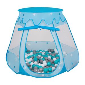 TENTE TUNNEL D'ACTIVITÉ Tente De Jeux + 600 balles colorées - Selonis - 105X90cm - Bleu, Gris-Blanc-Turquoise