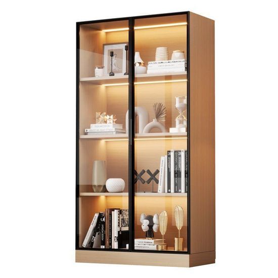 Vitrine en chêne éclairée par LED avec portes en verre trempé et ...