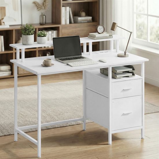 Bureau Gaming Blanc Rolanstar 100x47 Cm Avec LED, Prise Et Support Écran - Table Ordinateur Moderne