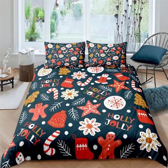 Housse De Couette Noël 200x200 Cm + 2 Taies - Motif Bonhomme Pain D'épice, Microfibre Douce, Lavable Machine