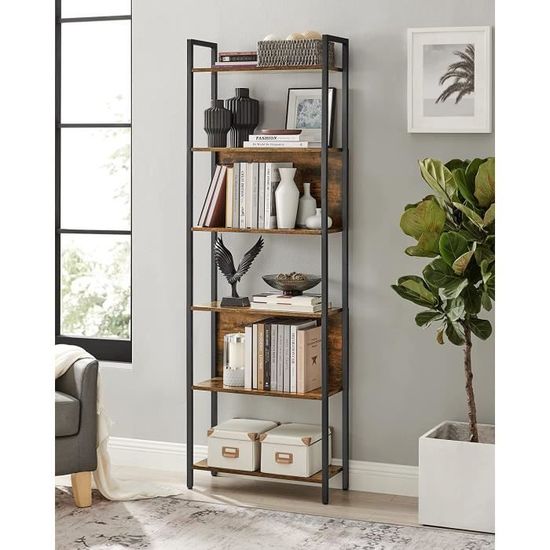VASAGLE Bibliothèque 6 Niveaux Style Industriel 30x120x172.5cm Marron Rustique Noir