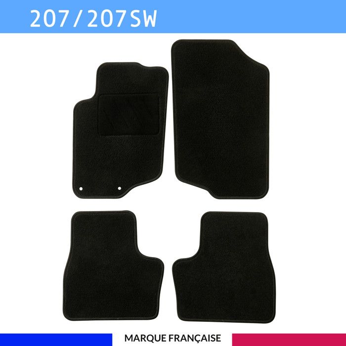 Tapis de sol voiture - Sur mesure pour Peugeot 207 / 207 SW / 207 + (04/2006-06/2014) - Antidérapant - Clips et Scratch