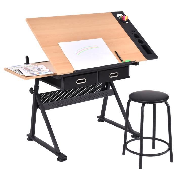 GIANTEX Table à Dessin en MDF Inclinable avec Tabouret, Bureau à Dessin avec 2 Tiroirs, Hauteur Réglable pour Peinture, Art,Ecriture