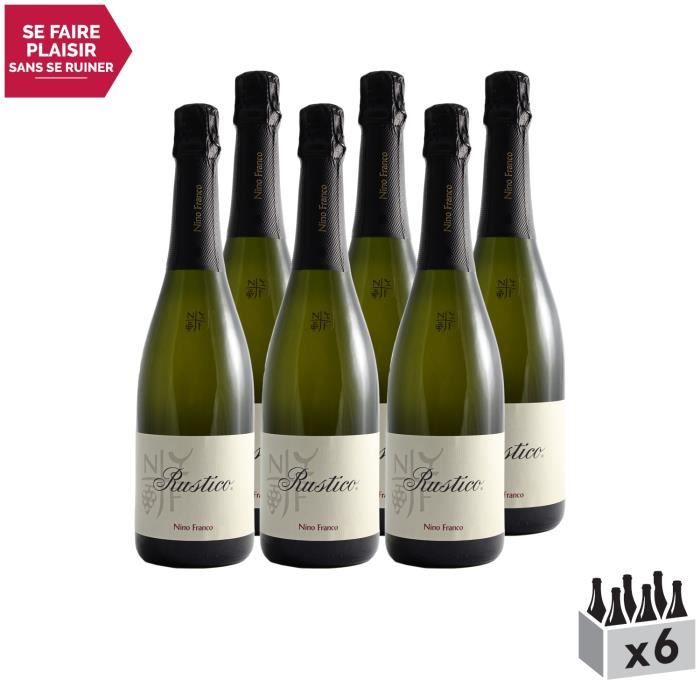 Prosecco Rustico Blanc - Lot de 6x75cl - Nino Franco - Vin effervescent DOC Blanc - Origine Italie - Cépage Glera