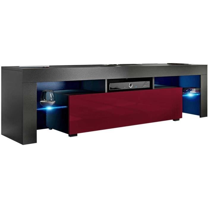 Meuble tv 160 cm noir mat / bordeaux brillant + led rgb