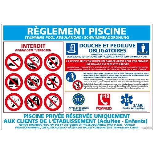 Panneau RÈGLEMENT PISCINE - PVC 1,5 mm - Adhesif au dos - Dimensions 420x300 mm