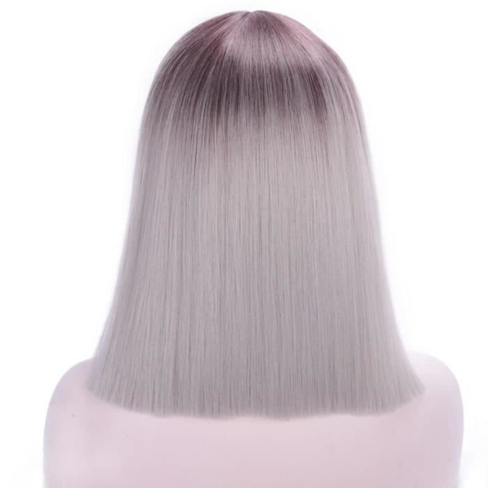 grey wig14pouces -Perruques Bob courtes et lisses pour femmes, perruques Cosplay roses-rouges, faux cheveux roses-rouges-violettes